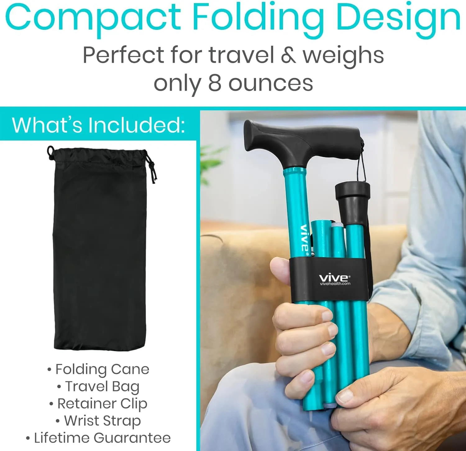 Vive Folding Cane - Foldable Walking Cane for Men, Women - Fold-up, Collapsible, Lightweight, Adjustable, Portable Hand Walking Stick - Balancing Mobility Aid - Sleek, Comfortable T Handles (Teal)