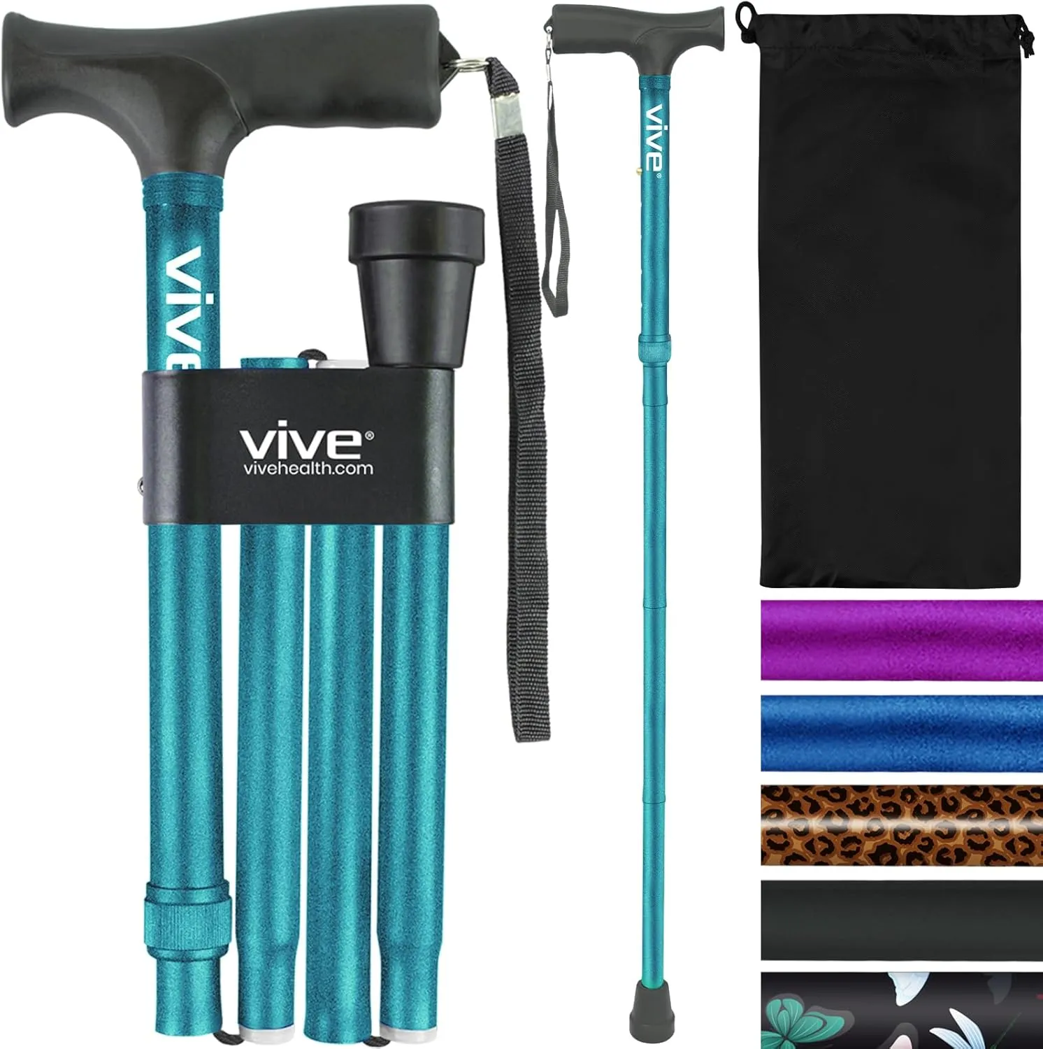 Vive Folding Cane - Foldable Walking Cane for Men, Women - Fold-up, Collapsible, Lightweight, Adjustable, Portable Hand Walking Stick - Balancing Mobility Aid - Sleek, Comfortable T Handles (Teal)