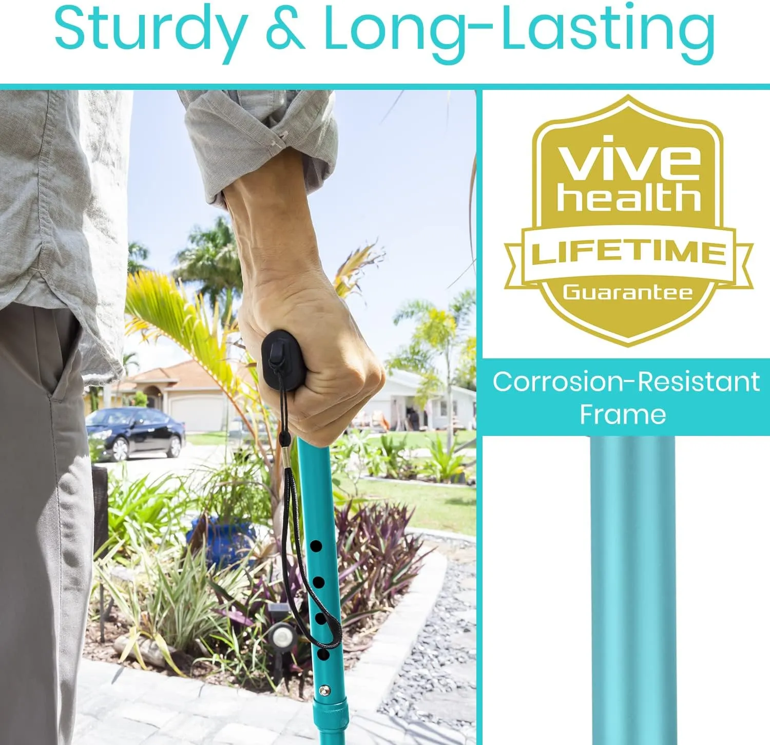Vive Folding Cane - Foldable Walking Cane for Men, Women - Fold-up, Collapsible, Lightweight, Adjustable, Portable Hand Walking Stick - Balancing Mobility Aid - Sleek, Comfortable T Handles (Teal)