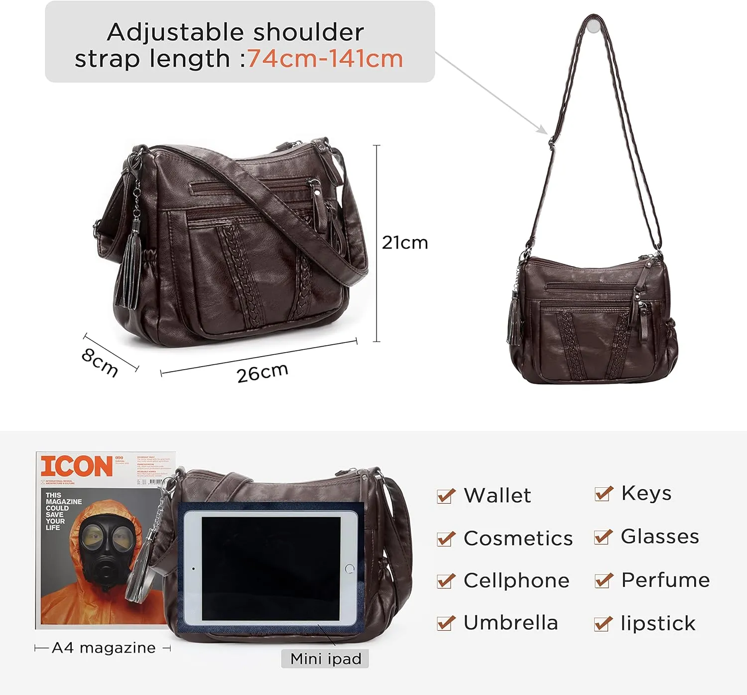 VOLGANIK ROCK Crossbody Bag for Women with Tassel Ladies Soft PU leather Purses and Handbag Pocketbooks