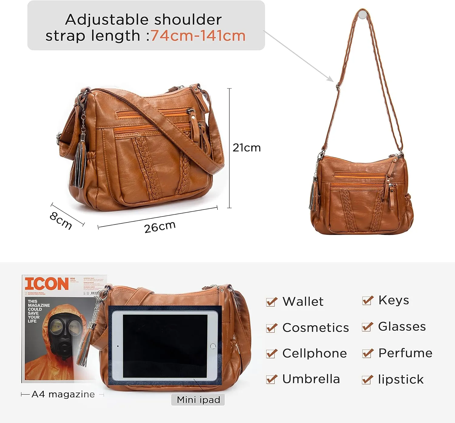 VOLGANIK ROCK Crossbody Bag for Women with Tassel Ladies Soft PU leather Purses and Handbag Pocketbooks