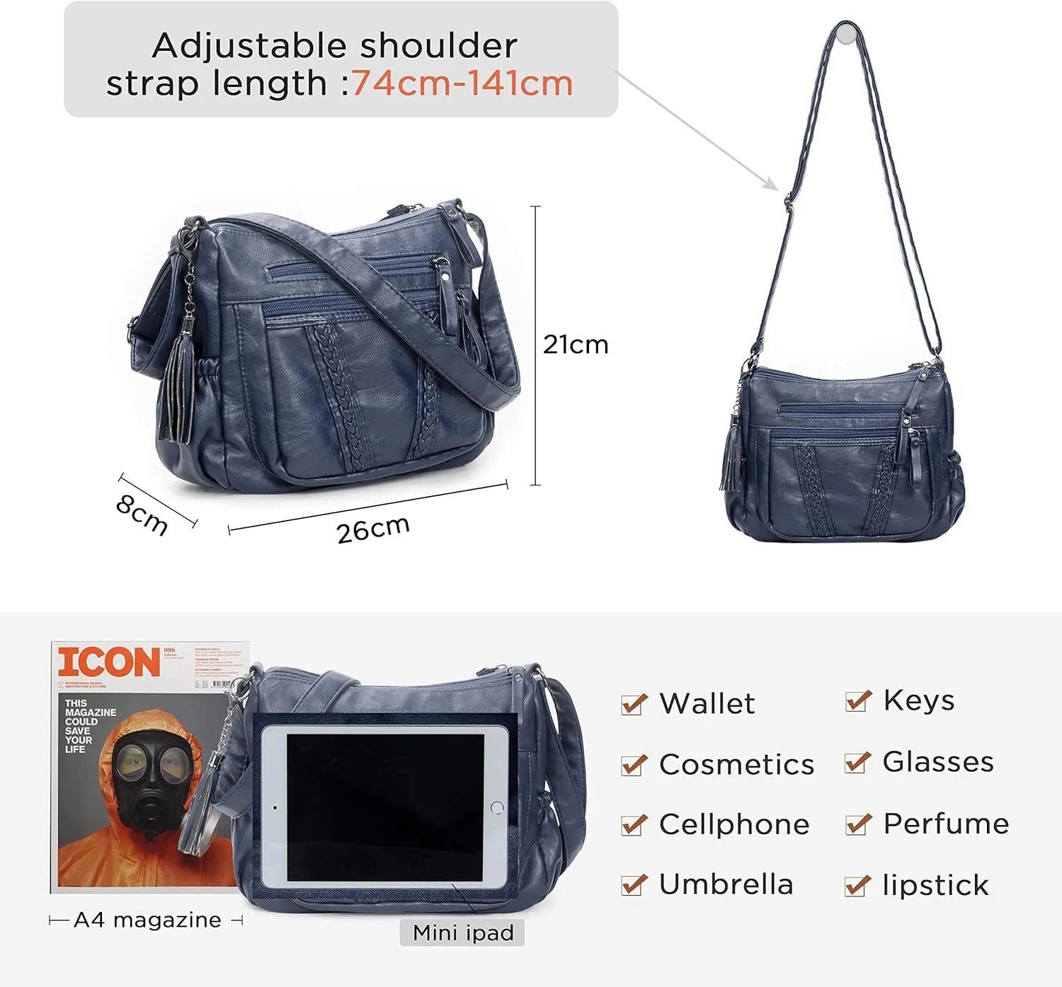 VOLGANIK ROCK Crossbody Bag for Women with Tassel Ladies Soft PU leather Purses and Handbag Pocketbooks