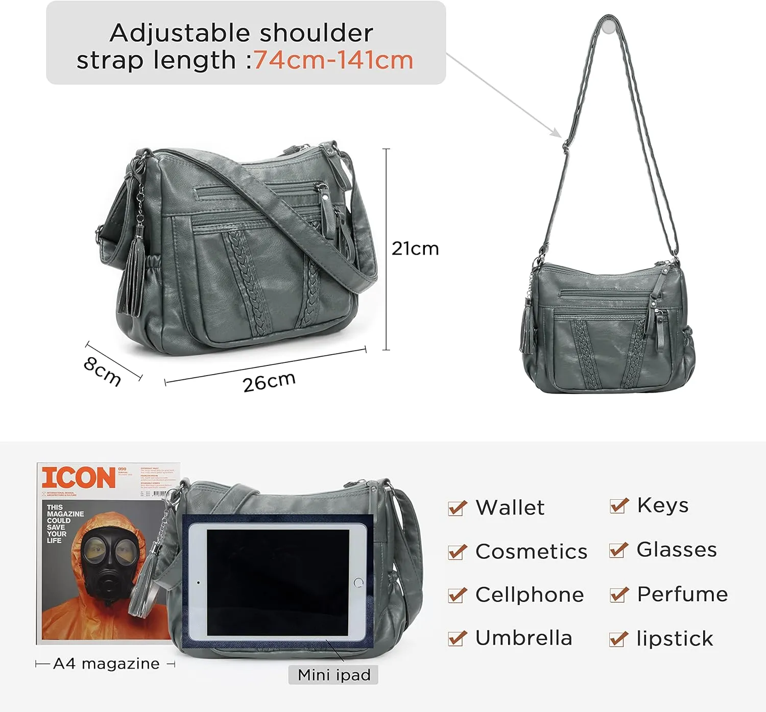 VOLGANIK ROCK Crossbody Bag for Women with Tassel Ladies Soft PU leather Purses and Handbag Pocketbooks