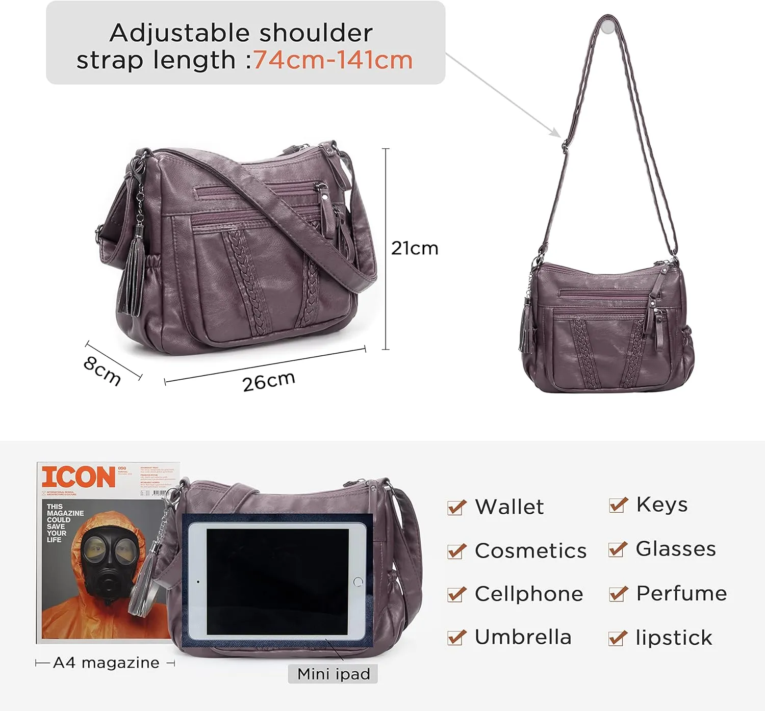 VOLGANIK ROCK Crossbody Bag for Women with Tassel Ladies Soft PU leather Purses and Handbag Pocketbooks