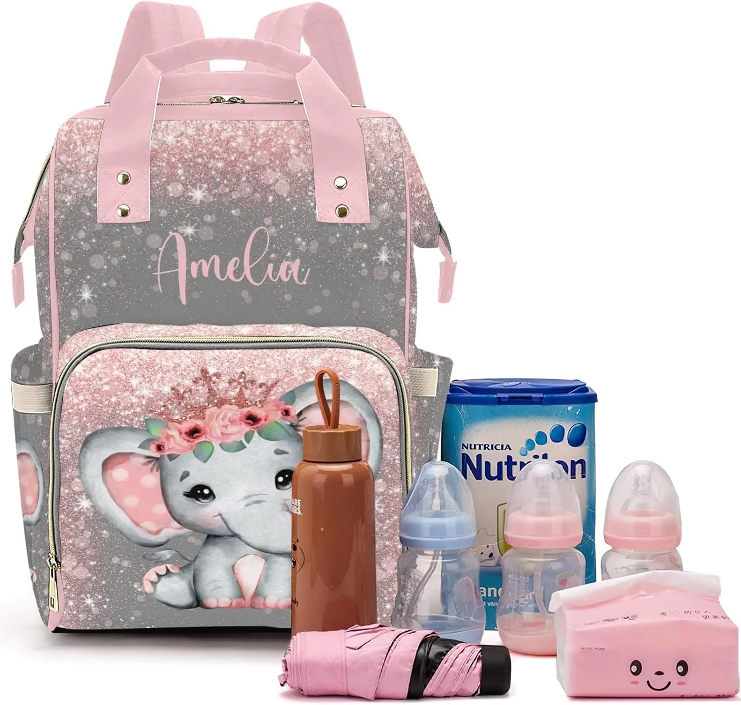 Voltexia Personalized Baby Elephant Diaper Bag with Flowers, Name & Thermal Pockets - Casual Travel Backpack for Baby Girl
