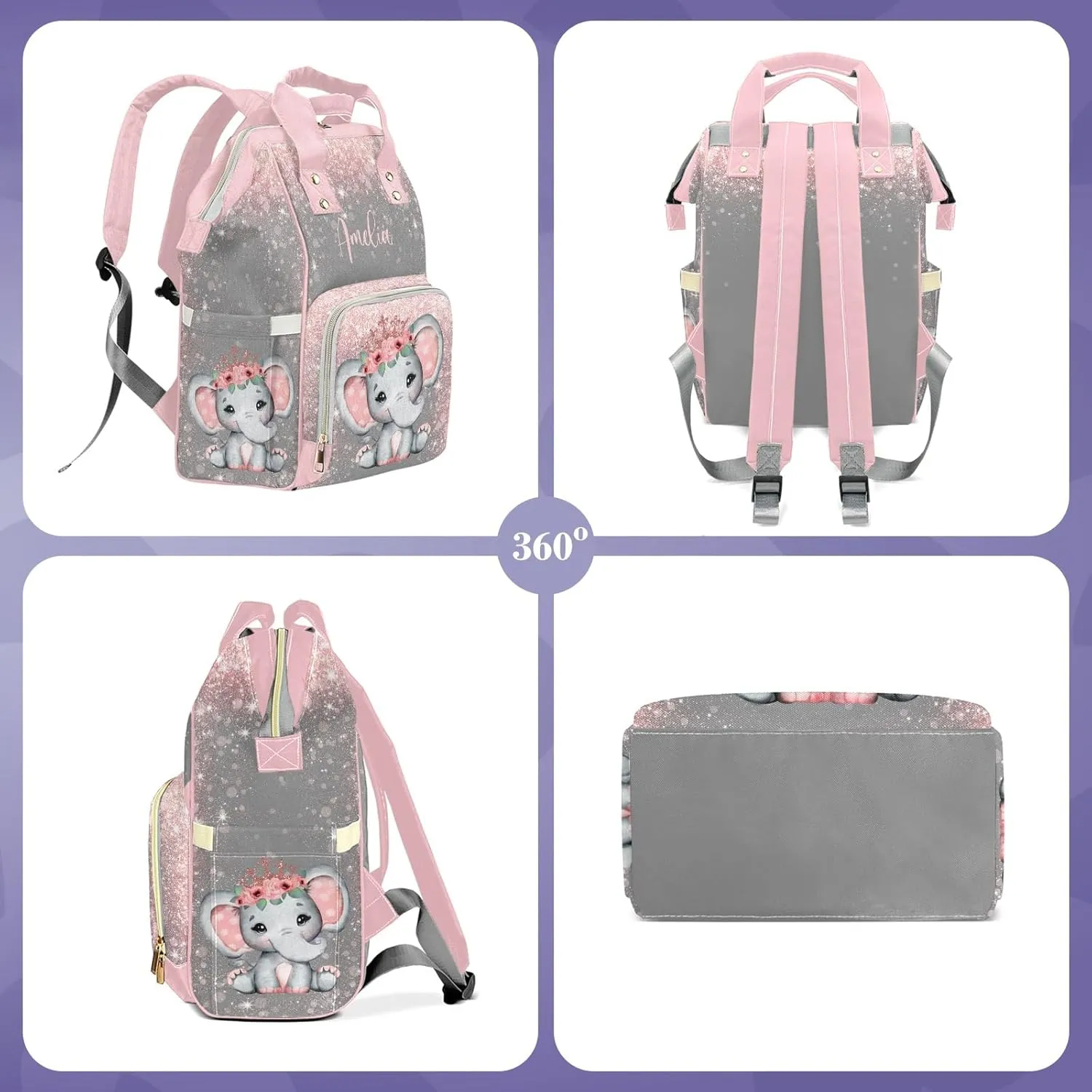 Voltexia Personalized Baby Elephant Diaper Bag with Flowers, Name & Thermal Pockets - Casual Travel Backpack for Baby Girl