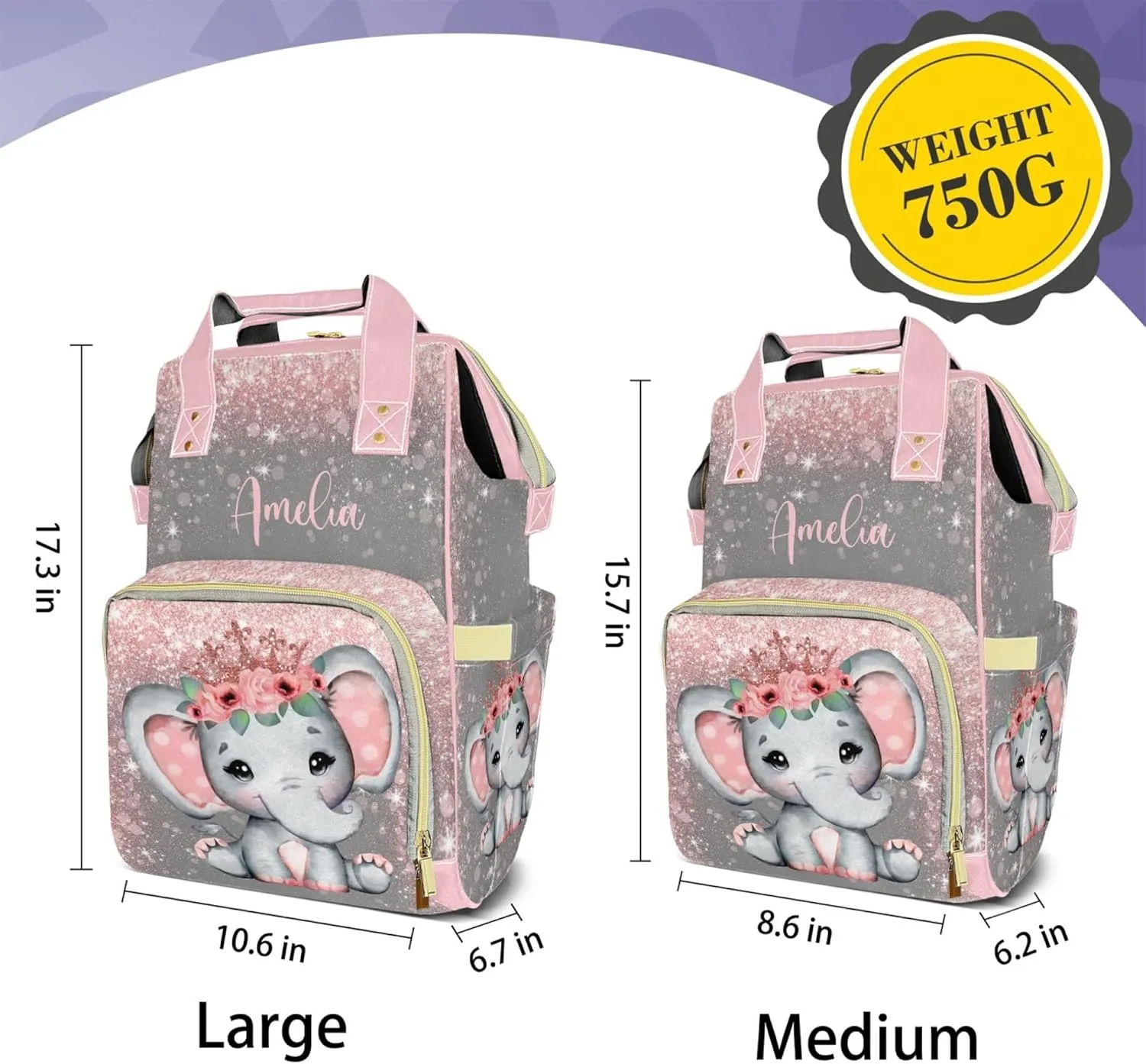 Voltexia Personalized Baby Elephant Diaper Bag with Flowers, Name & Thermal Pockets - Casual Travel Backpack for Baby Girl