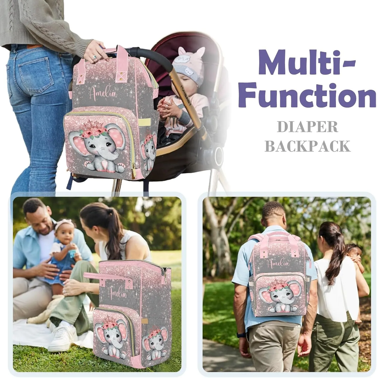 Voltexia Personalized Baby Elephant Diaper Bag with Flowers, Name & Thermal Pockets - Casual Travel Backpack for Baby Girl