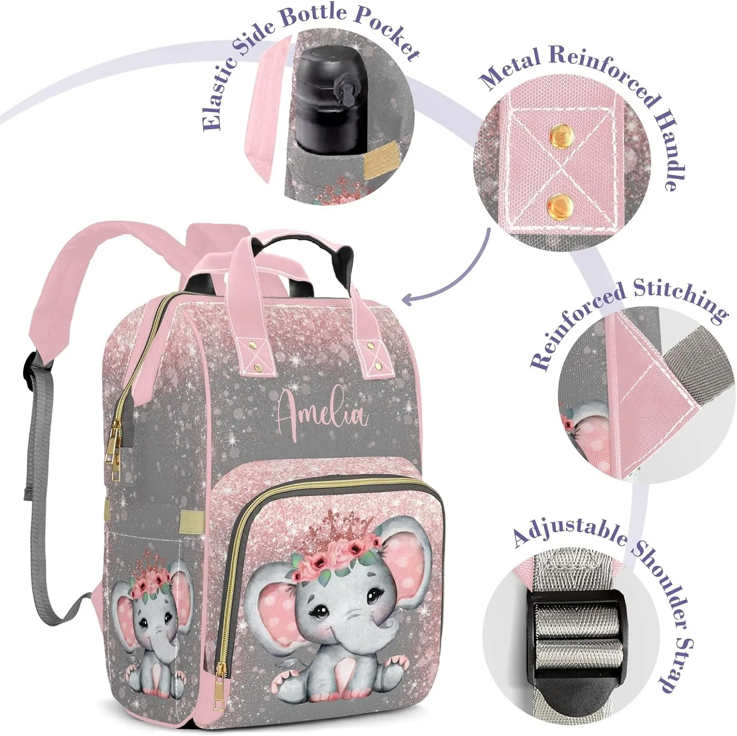 Voltexia Personalized Baby Elephant Diaper Bag with Flowers, Name & Thermal Pockets - Casual Travel Backpack for Baby Girl