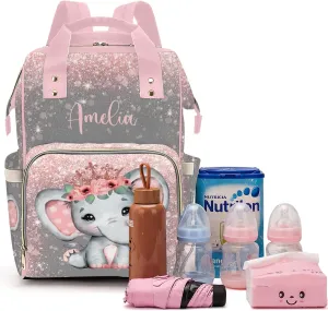 Voltexia Personalized Baby Elephant Diaper Bag with Flowers, Name & Thermal Pockets - Casual Travel Backpack for Baby Girl