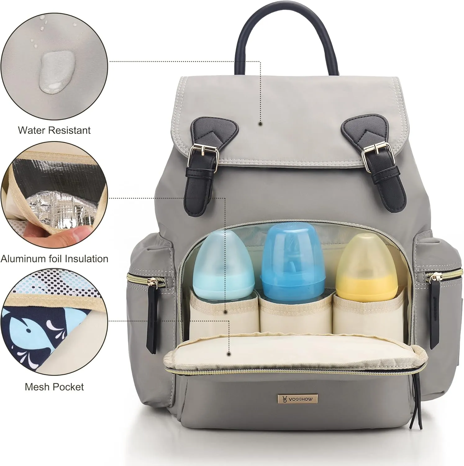 VS VOGSHOW Diaper Bag Backpack: Multifunctional Stylish Travel Baby Bag with Crossbody Strap