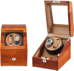Watch Winder 2 Winding Spaces and 3 Storages Adjustable Watch Pillows in Wood Shell and Black Coffee Color Leather with 5 Rotation Mode Setting Microfiber Leather