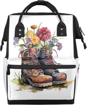 Watercolor Flower Boots Diaper Bag Mommy Bags With Adjustable Shoulder Strap Waterproof Multifunction Shoulder Bag Travel Large Capacity Backpack for Moms And Dads