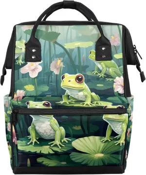 Watercolor Frog Pond Flower Diaper Bag Mommy Bags With Adjustable Shoulder Strap Waterproof Multifunction Shoulder Bag Travel Large Capacity Backpack for Moms And Dads