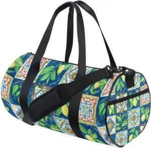 Watercolor Painted Mosaic Ceramic Tiles Lemon Fruits and Leaves Duffel Bag, Foldable Canvas Travel Tote for Gym Sports with Inner Pockets, Durable Lightweight Fitness Bag for Overnight Workout