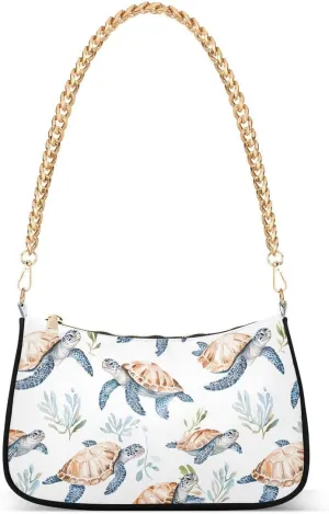 Watercolor Sea Turtle Coral Reef Tote Bag Shoulder Bag Hobo Handbag for Women Ladies Mini Clutch Purse with Zipper Closure