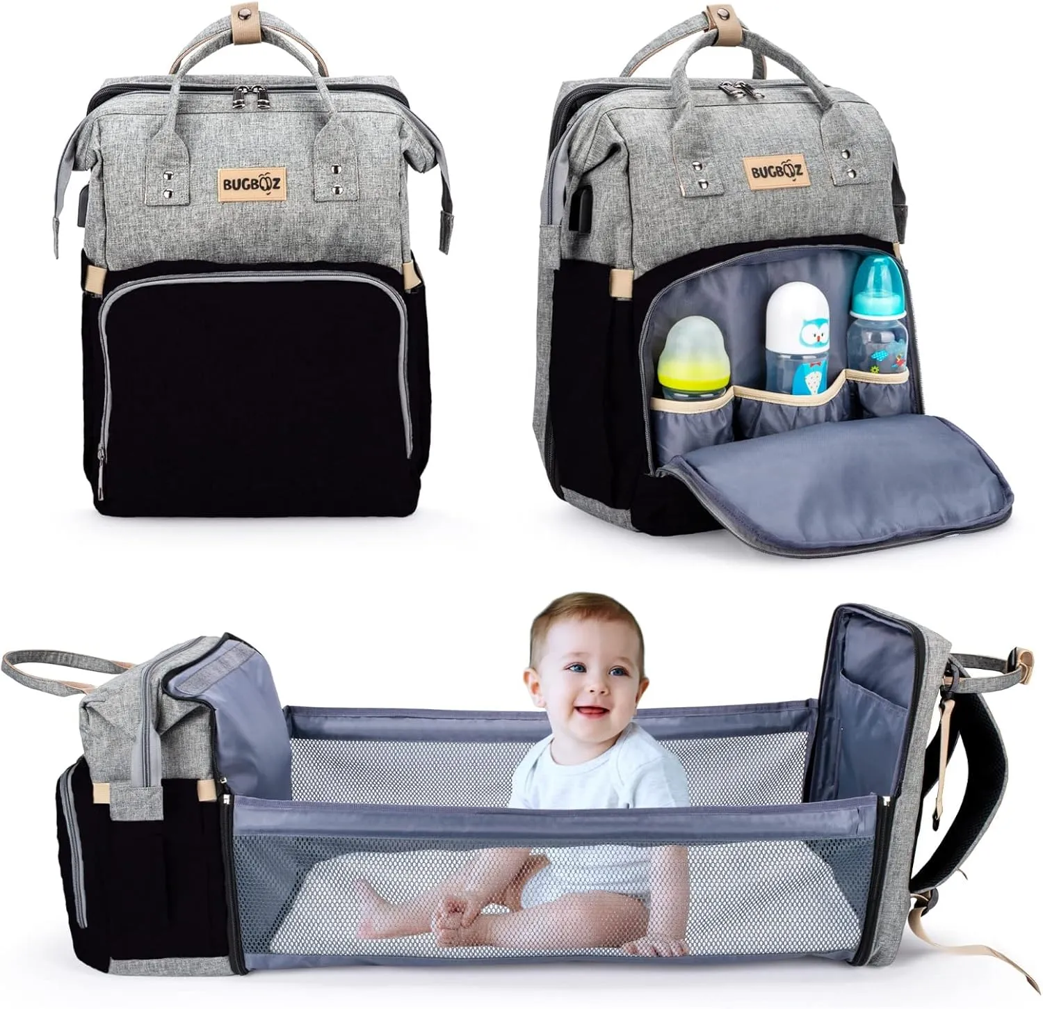 Waterproof Diaper Bag Backpack - Baby Diaper Bag with Changing Station & USB Port - Large Baby Bag with Insulated Pockets for Baby Girls and Boys-Travel Diaper Backpack for Mom (Gray & Black)