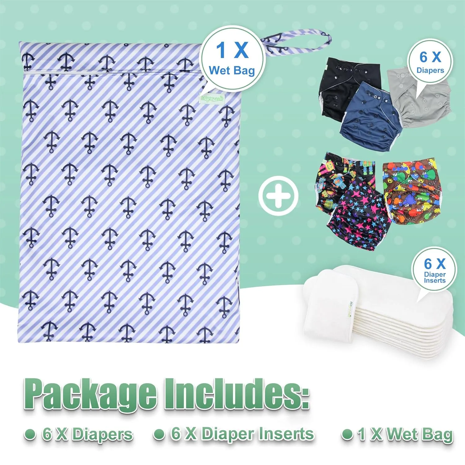 wegreeco Cloth Diapers 6 Pack with 6 Inserts, Washable Cloth Diapers for Babies, One Size Adjustable Reusable Diapers Baby (with 1 Wet Bag,Boy Prints)