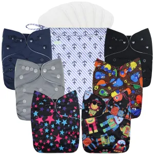 wegreeco Cloth Diapers 6 Pack with 6 Inserts, Washable Cloth Diapers for Babies, One Size Adjustable Reusable Diapers Baby (with 1 Wet Bag,Boy Prints)