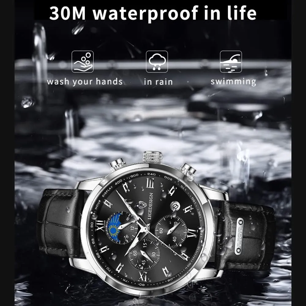 Weicam Men Casual Waterproof Roman Numerals Leather Band Analog Quartz Wristwatches with Chronograph Calender Business Watch