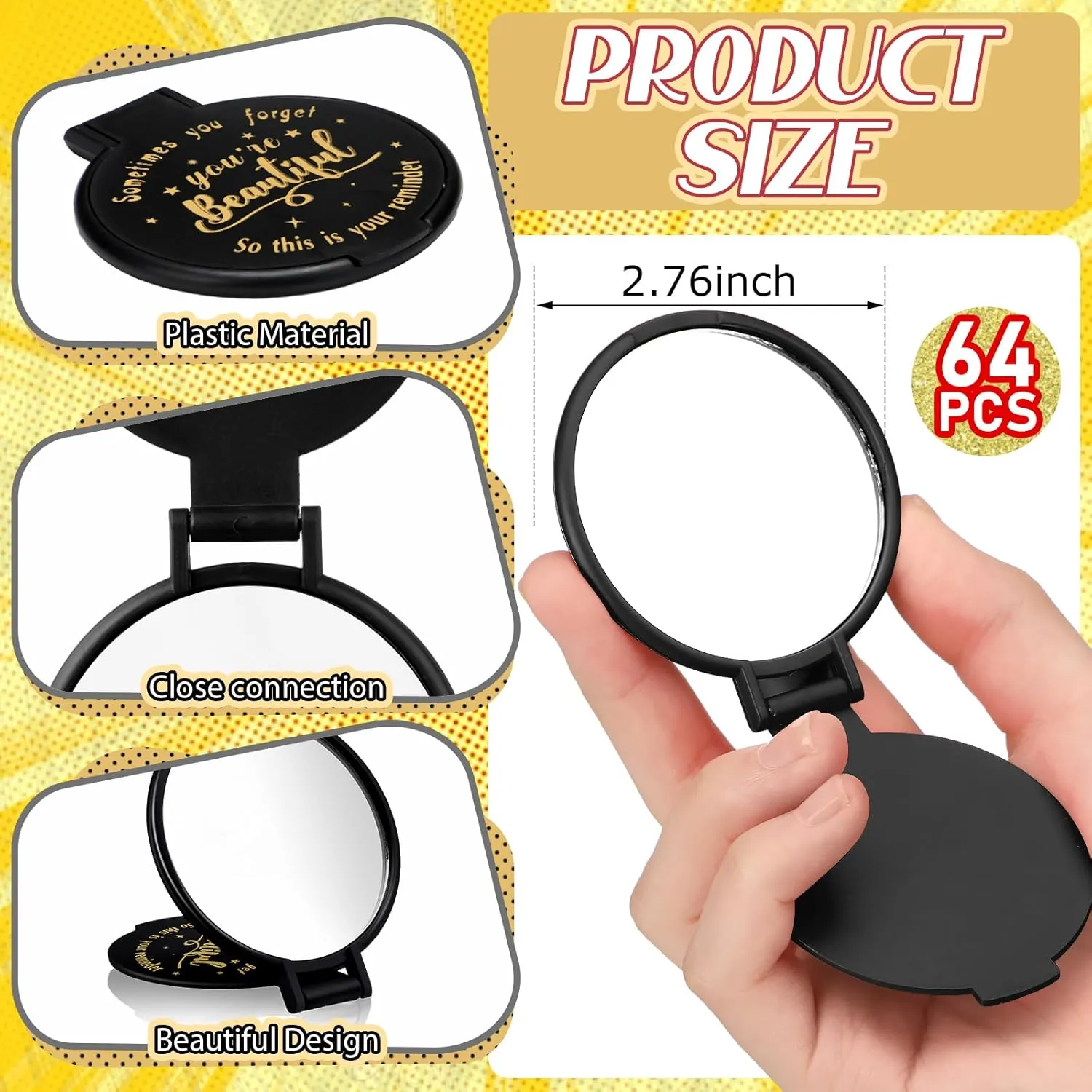 Wenqik 64 Pcs Compact Mirror Bulk Black Gifts for Women Small Inspirational Pocket Purse Handheld Mirror Portable Round Makeup Folding Appreciation Gift for Christmas Valentine Daily Travel Coworker