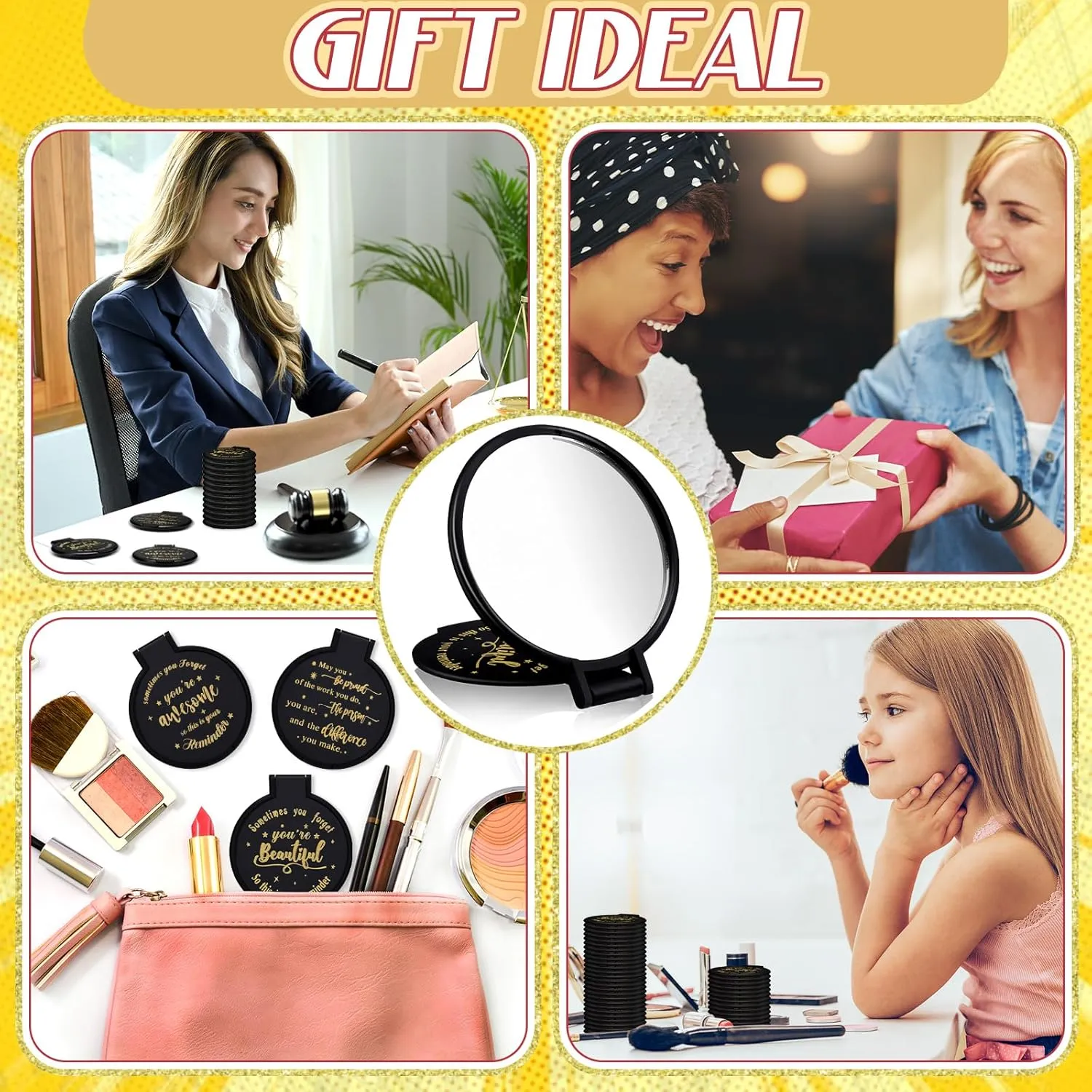 Wenqik 64 Pcs Compact Mirror Bulk Black Gifts for Women Small Inspirational Pocket Purse Handheld Mirror Portable Round Makeup Folding Appreciation Gift for Christmas Valentine Daily Travel Coworker
