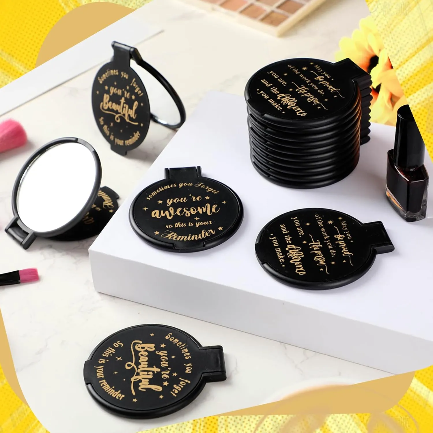 Wenqik 64 Pcs Compact Mirror Bulk Black Gifts for Women Small Inspirational Pocket Purse Handheld Mirror Portable Round Makeup Folding Appreciation Gift for Christmas Valentine Daily Travel Coworker
