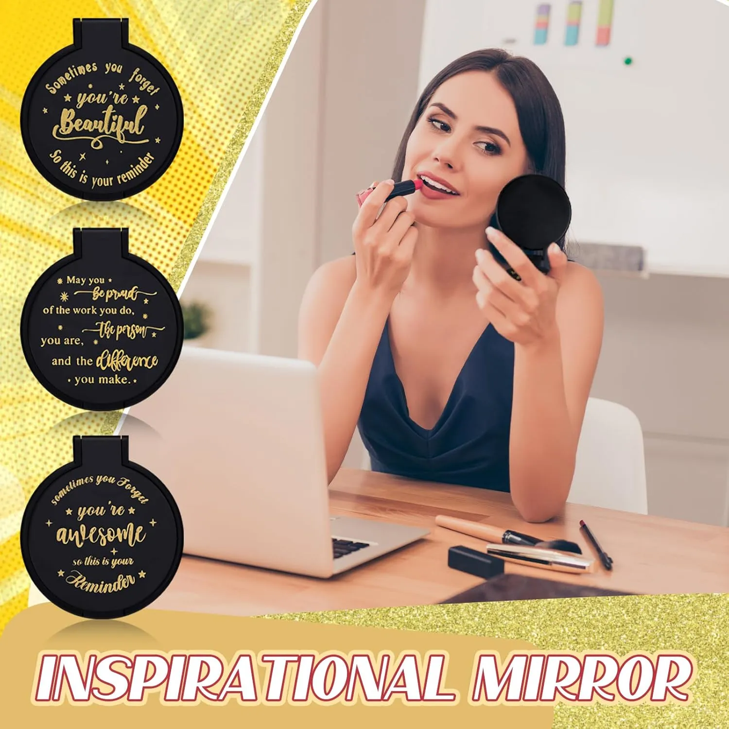 Wenqik 64 Pcs Compact Mirror Bulk Black Gifts for Women Small Inspirational Pocket Purse Handheld Mirror Portable Round Makeup Folding Appreciation Gift for Christmas Valentine Daily Travel Coworker