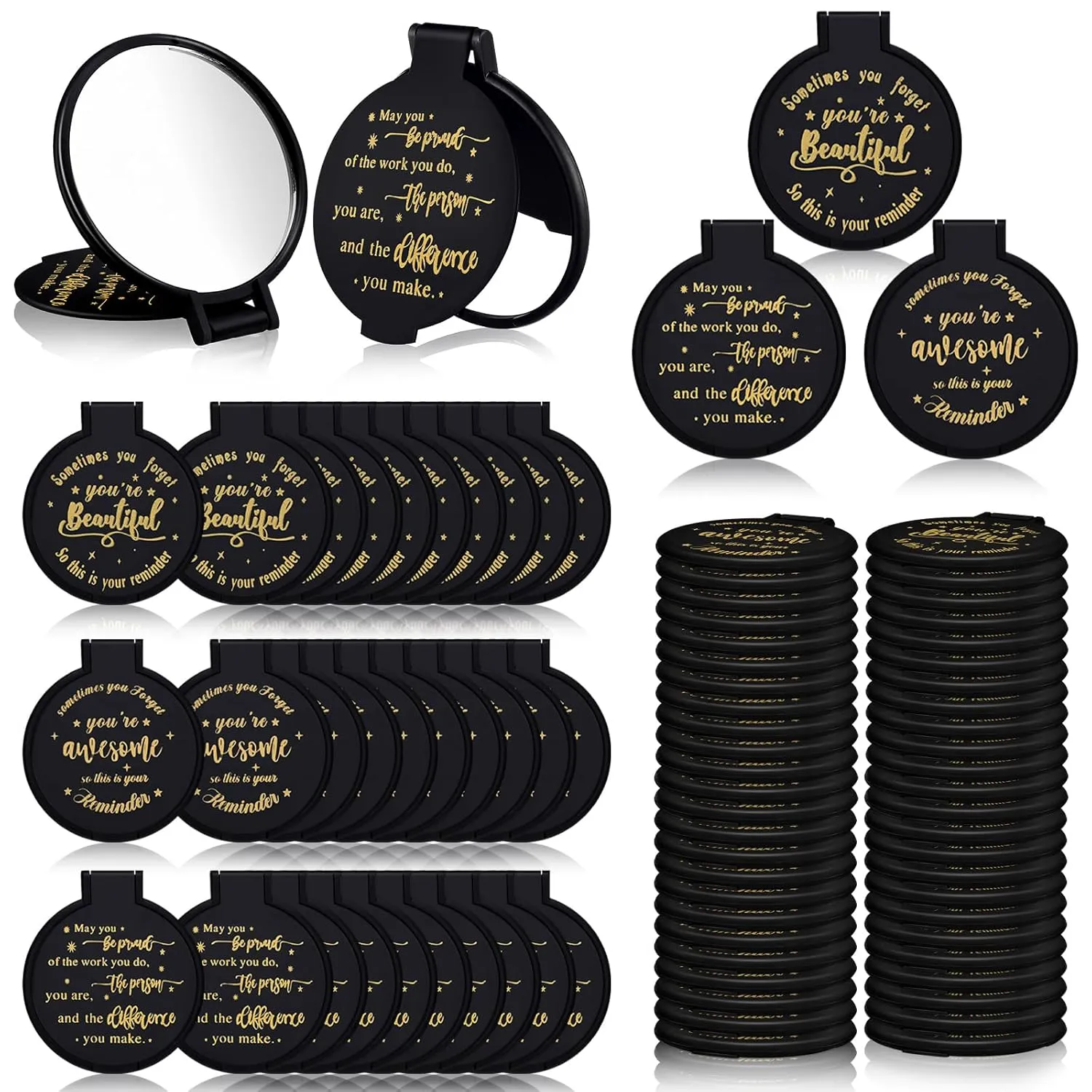 Wenqik 64 Pcs Compact Mirror Bulk Black Gifts for Women Small Inspirational Pocket Purse Handheld Mirror Portable Round Makeup Folding Appreciation Gift for Christmas Valentine Daily Travel Coworker