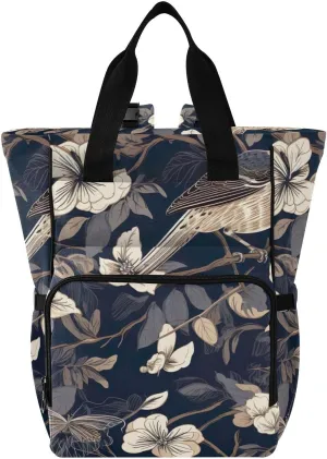 White Flower Sparrow Diaper Bag Backpack Waterproof Travel Diaper Bags Insulated Pockets Large Capacity Baby Bag with Stroller Straps for Women Men Mom Boys Girls