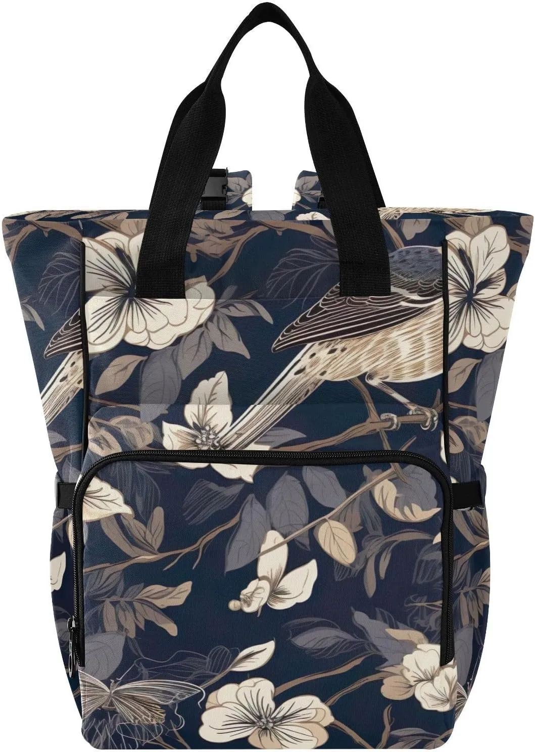 White Flower Sparrow Diaper Bag Backpack Waterproof Travel Diaper Bags Insulated Pockets Large Capacity Baby Bag with Stroller Straps for Women Men Mom Boys Girls