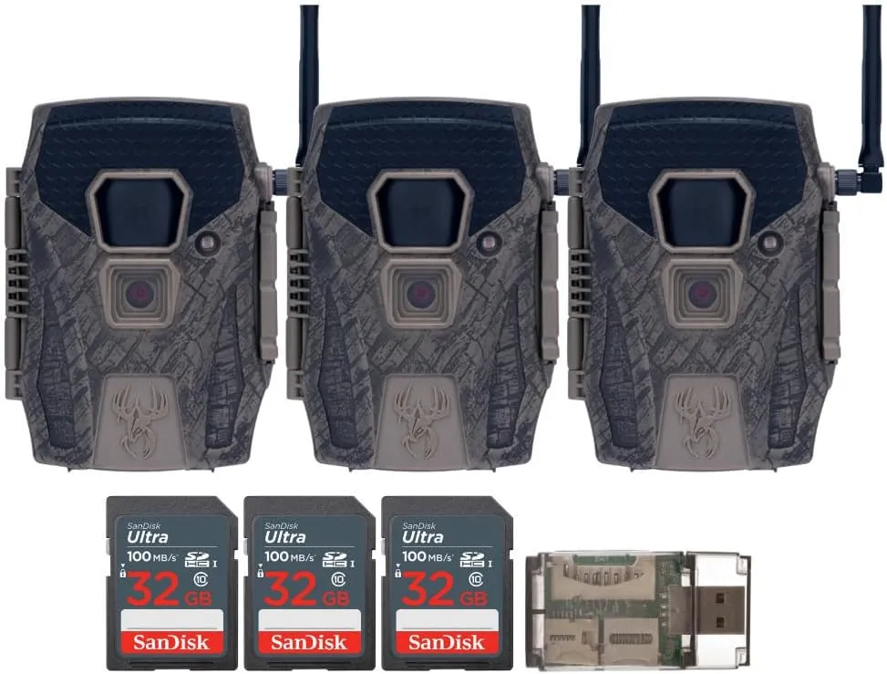 Wildgame Innovations Terra XT 2.0 24MP Three Cellular Trail Cameras Bundle with 32GB Ultra SDHC UHS-I Memory Card (100MBps) (3-Pack), and All-in-One High-Speed Card Reader (5 Items)