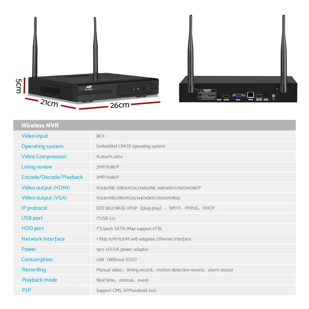 Wireless Cctv Security System 8Ch 3Mp 8 Square Cameras 2Tb