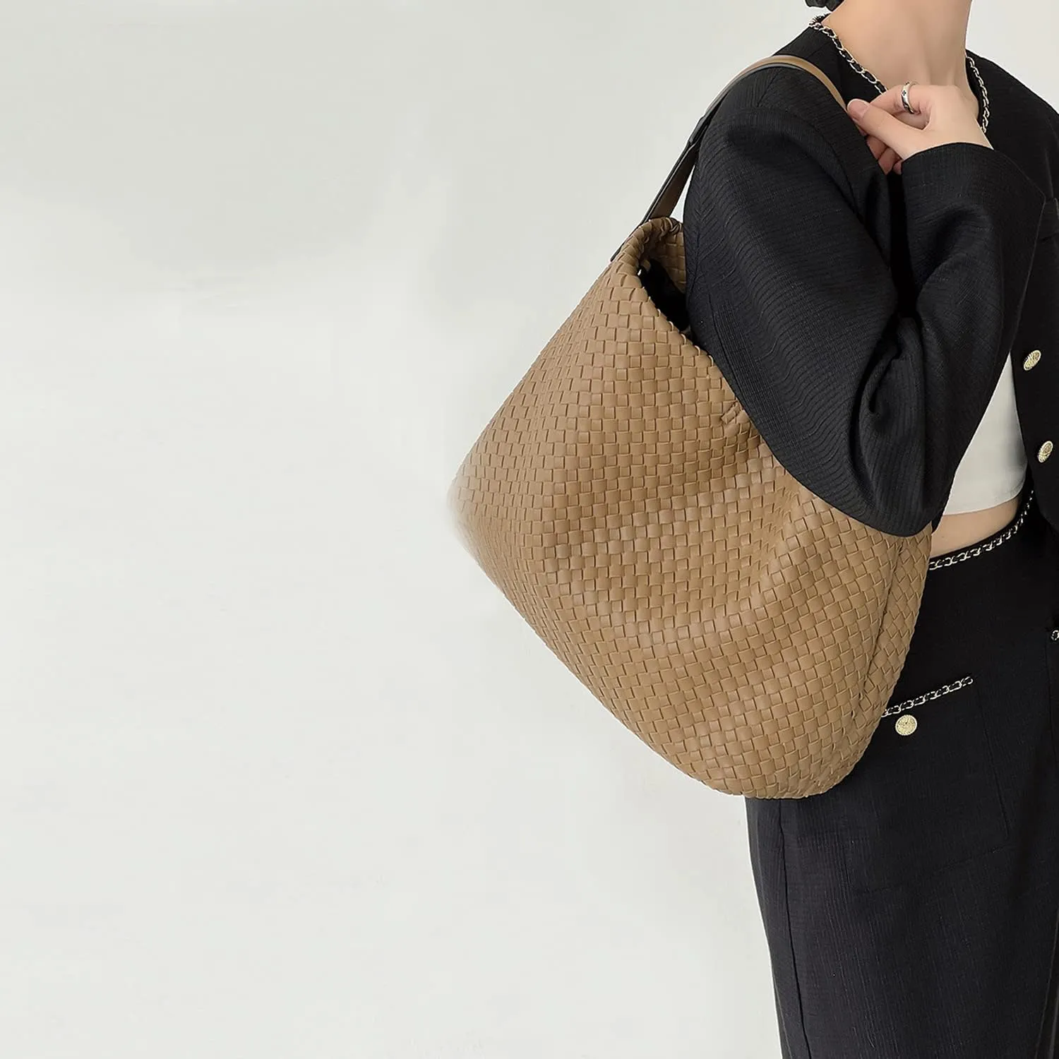 Women Boston Bag Woven Tote Vegan Leather Handbags Female Satchel Messenger Bag Fashion Shoulder Crossbody Bag Casual Hobo
