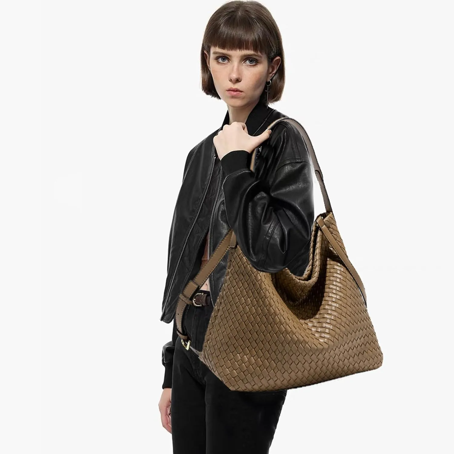 Women Boston Bag Woven Tote Vegan Leather Handbags Female Satchel Messenger Bag Fashion Shoulder Crossbody Bag Casual Hobo