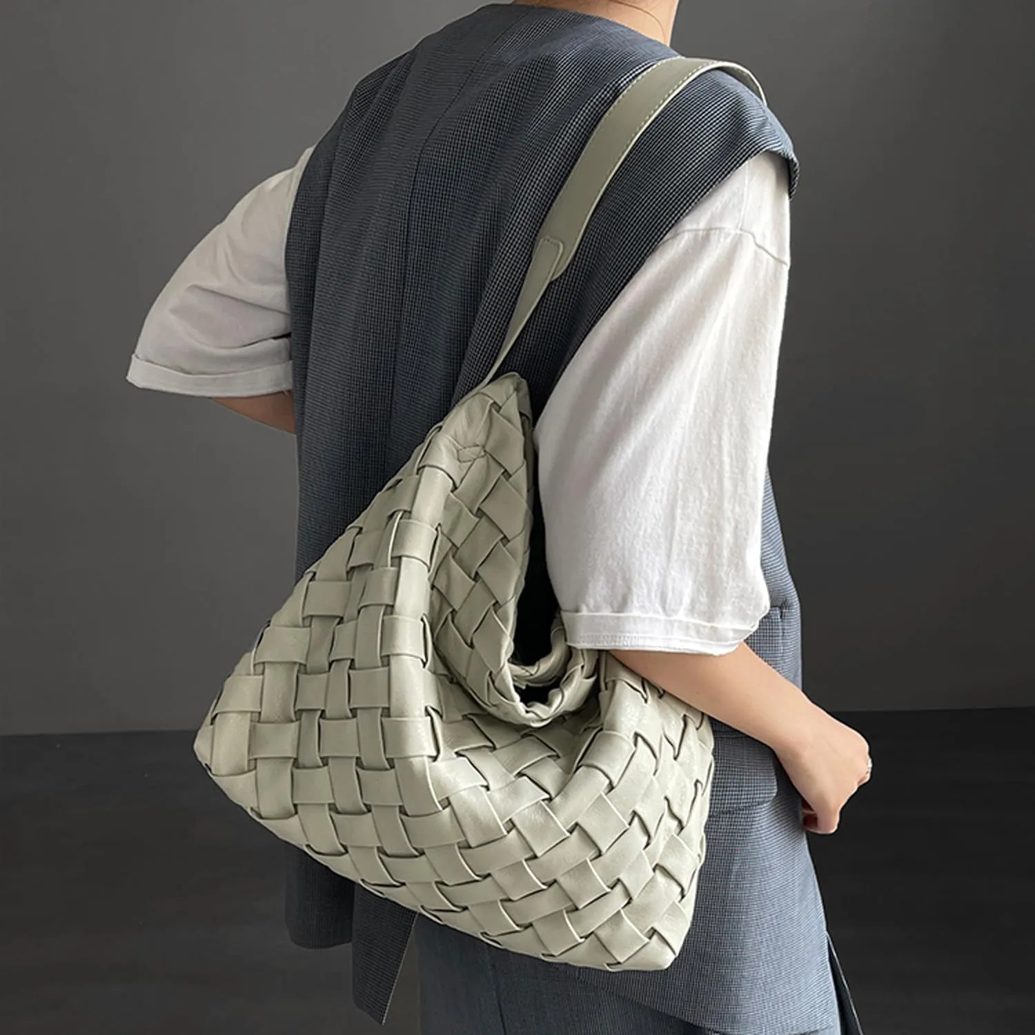 Women Boston Bag Woven Tote Vegan Leather Handbags Female Satchel Messenger Bag Fashion Shoulder Crossbody Bag Casual Hobo