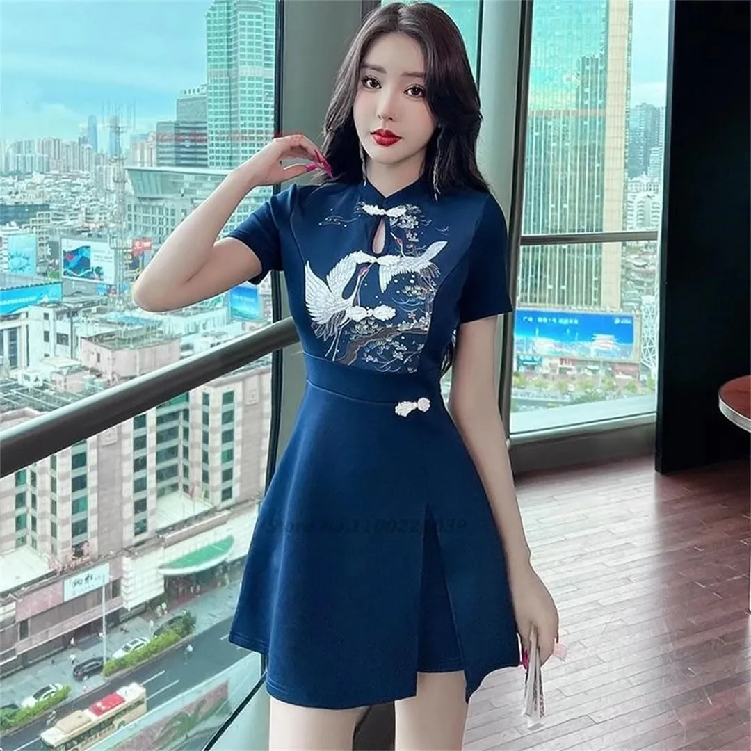 Women Chinese Improved Qipao Nightclub Banquet Dress Cheongsam National Crane Print Dress Shorts Set Qipao