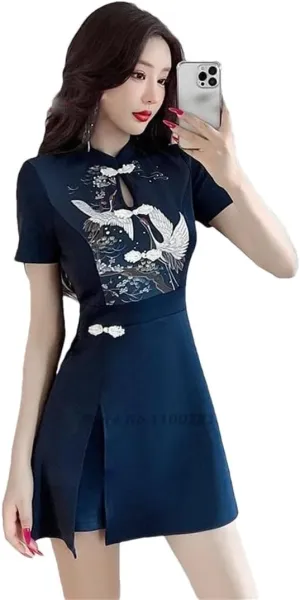 Women Chinese Improved Qipao Nightclub Banquet Dress Cheongsam National Crane Print Dress Shorts Set Qipao