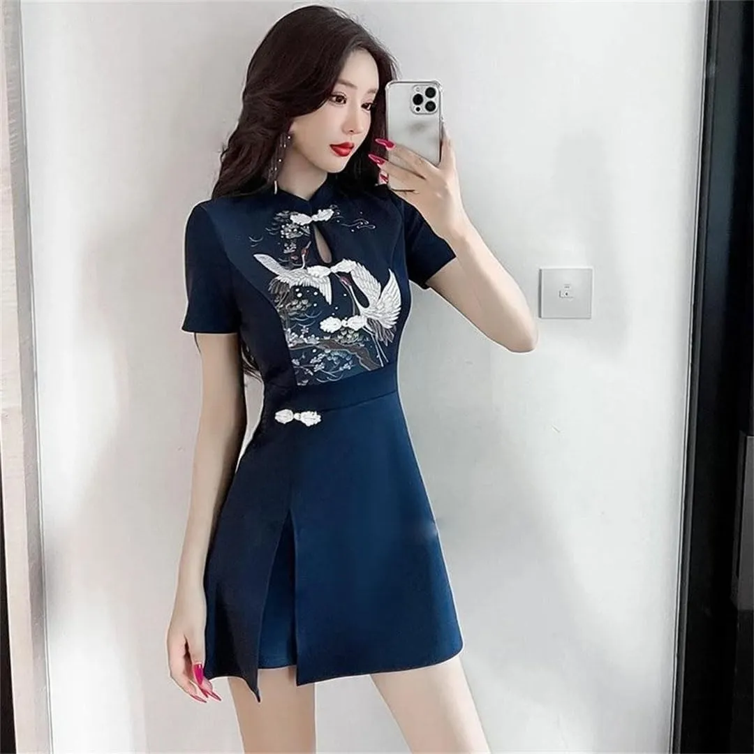 Women Chinese Improved Qipao Nightclub Banquet Dress Cheongsam National Crane Print Dress Shorts Set Qipao