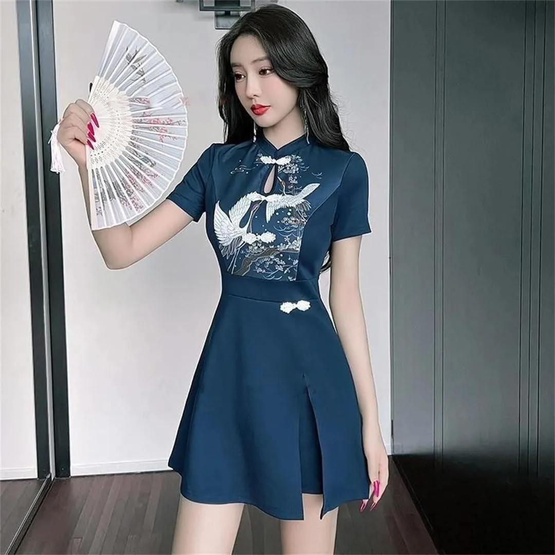 Women Chinese Improved Qipao Nightclub Banquet Dress Cheongsam National Crane Print Dress Shorts Set Qipao