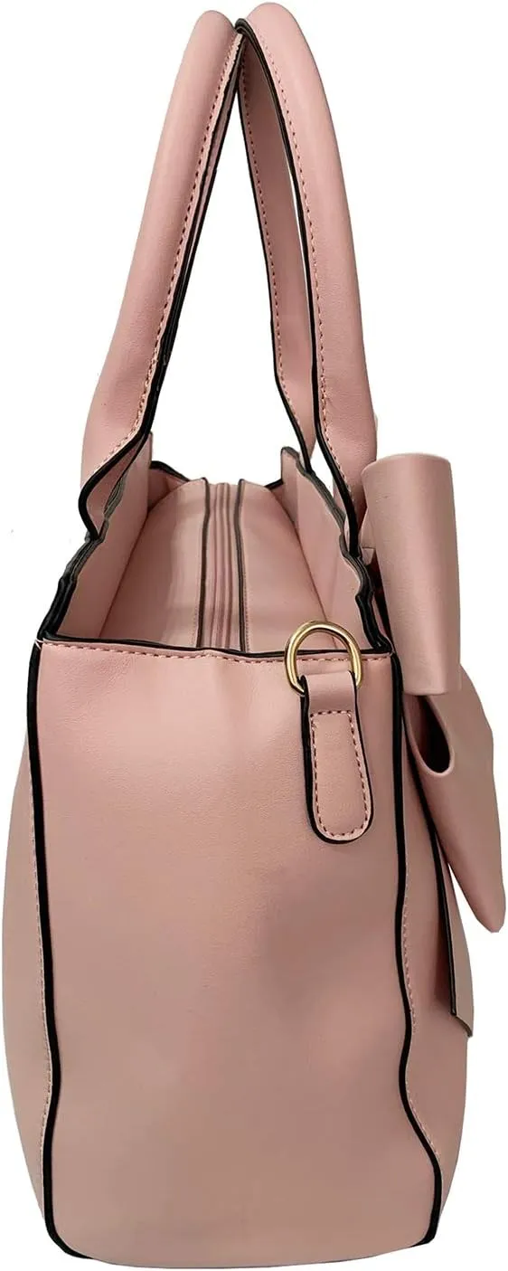 Women Handbag 2 Pcs Set Big Bow-Knot PU Leather Top Handle Bag Designer Tote Bag Clutch Wallet Set for Ladies, Pink
