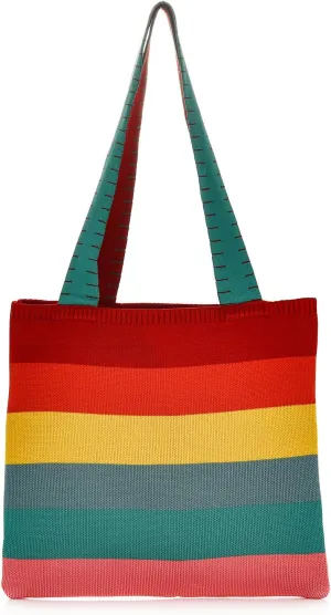 Women Knitted Stripes Shoulder Handbag Rainbow Color Crocheted Tote Bag Travel Beach Working Daily Top-handle Purse