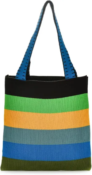 Women Knitted Stripes Shoulder Handbag Rainbow Color Crocheted Tote Bag Travel Beach Working Daily Top-handle Purse