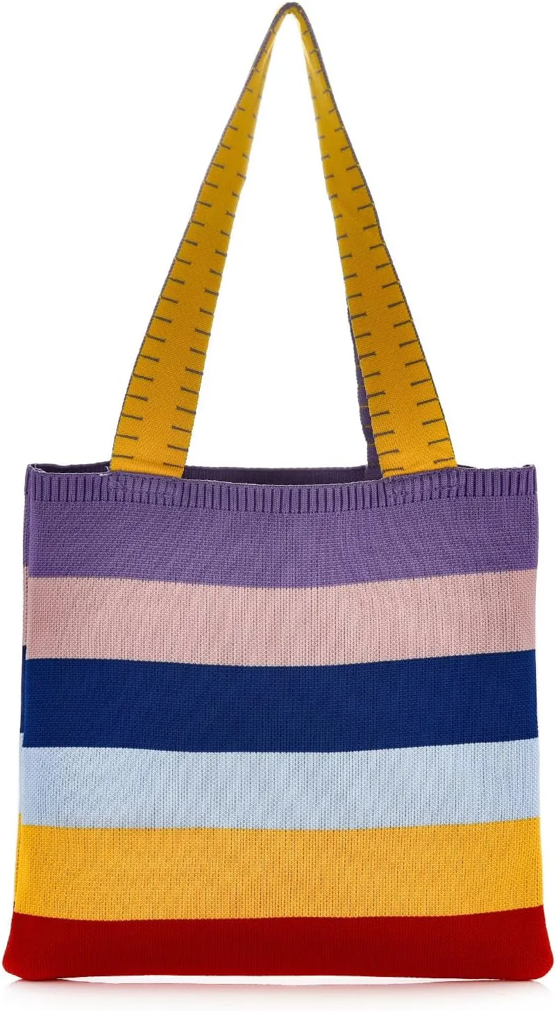 Women Knitted Stripes Shoulder Handbag Rainbow Color Crocheted Tote Bag Travel Beach Working Daily Top-handle Purse