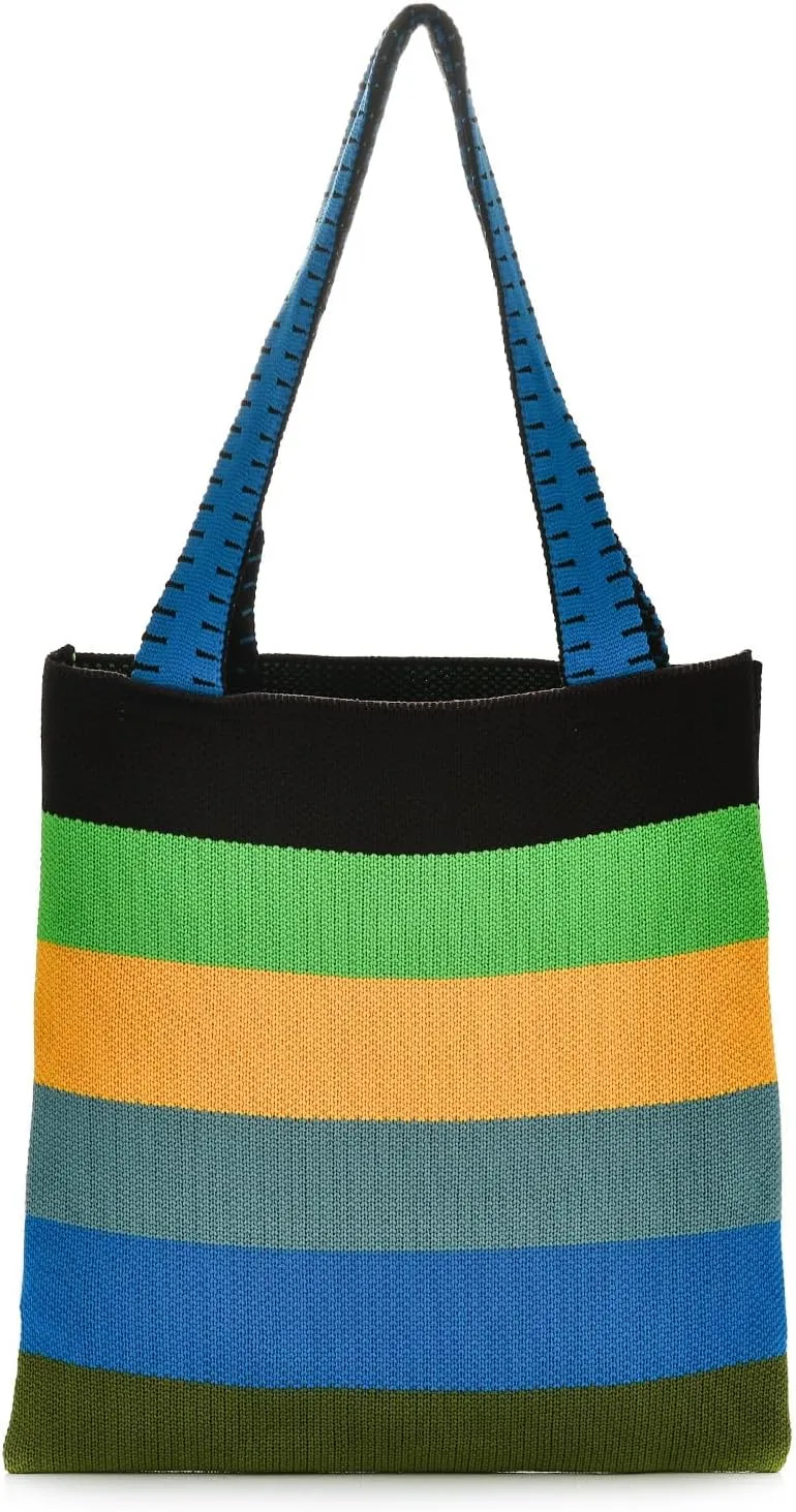 Women Knitted Stripes Shoulder Handbag Rainbow Color Crocheted Tote Bag Travel Beach Working Daily Top-handle Purse