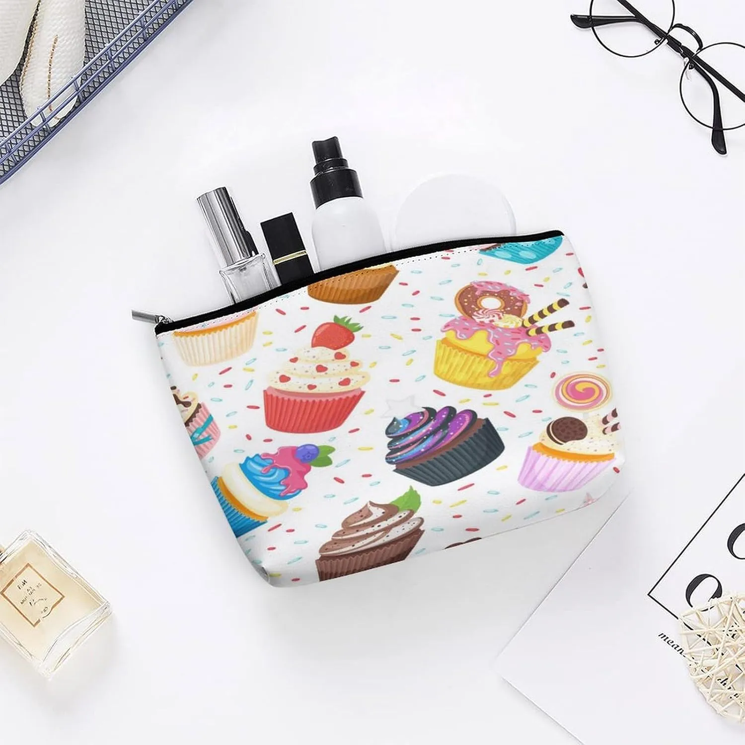 Women PU Leather Cosmetic Bag, Toiletry Storage 6.8x5.9x2.3 in Zipper Pouch Handbag Makeup Case Purse Holder Organizer