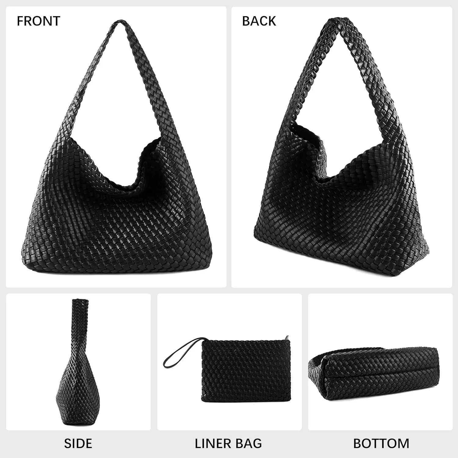 Women Vegan Leather Hand-Woven Tote Handbag Fashion All-Match Underarm Bag with Purse Soft Summer Hobo Tote Bag