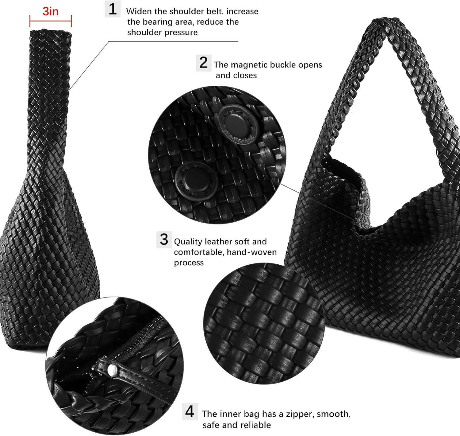 Women Vegan Leather Hand-Woven Tote Handbag Fashion All-Match Underarm Bag with Purse Soft Summer Hobo Tote Bag
