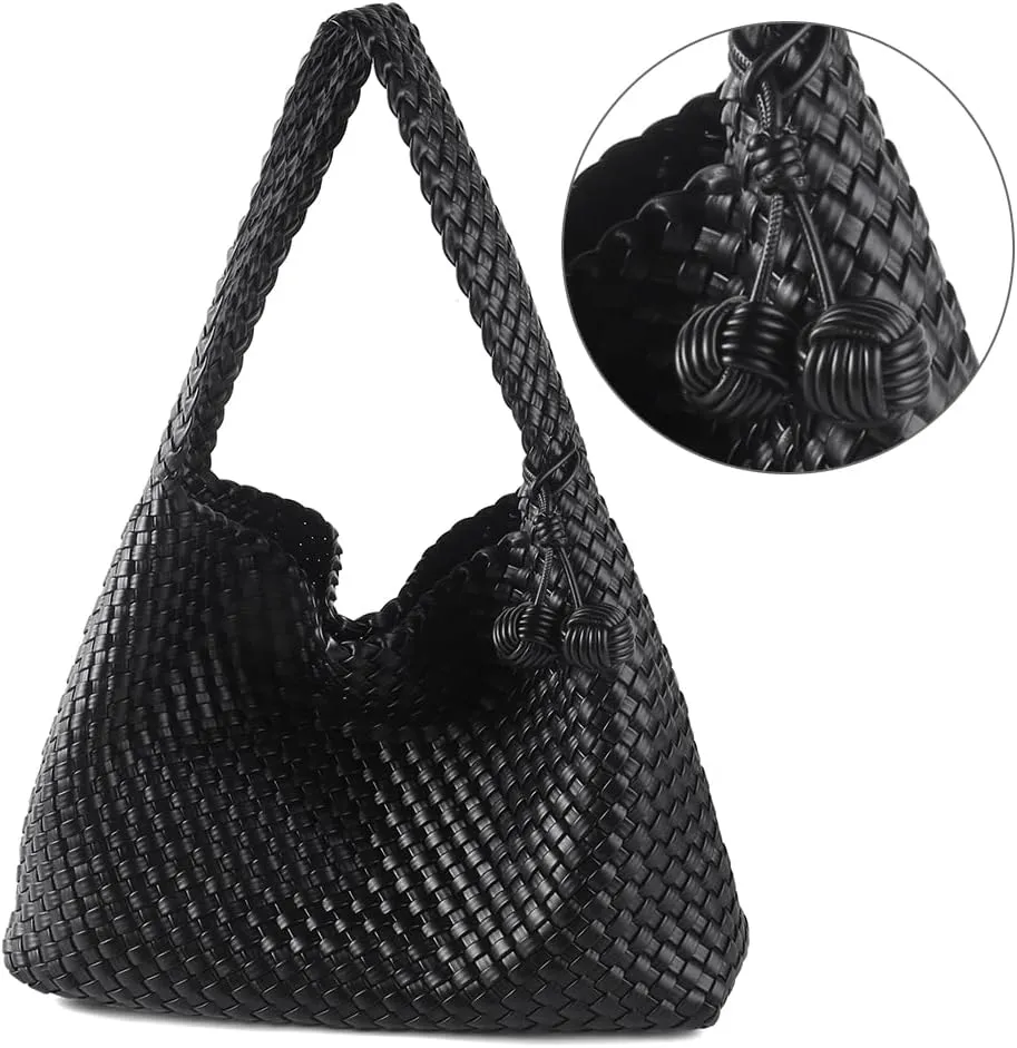 Women Vegan Leather Hand-Woven Tote Handbag Fashion All-Match Underarm Bag with Purse Soft Summer Hobo Tote Bag
