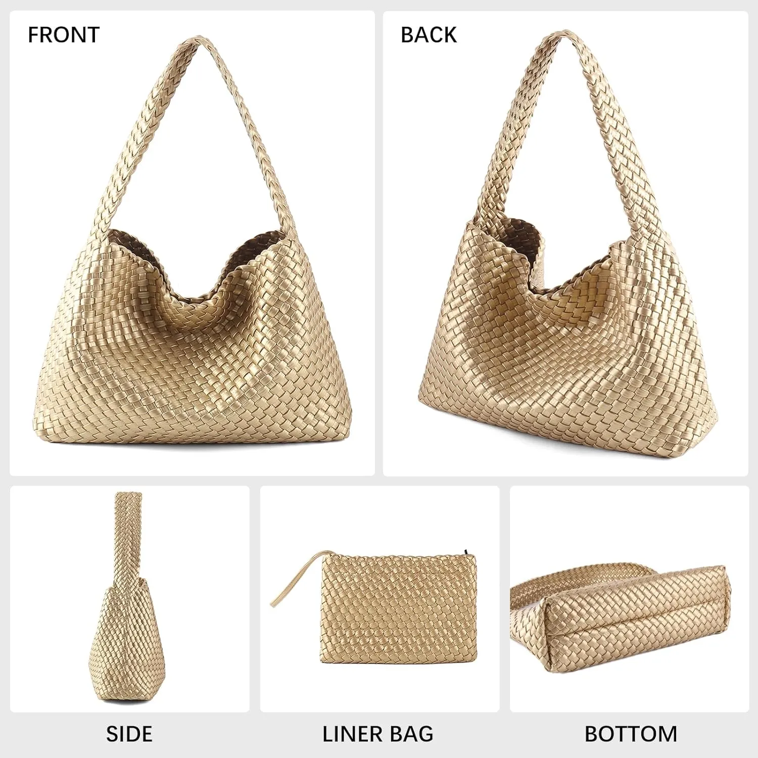 Women Vegan Leather Hand-Woven Tote Handbag Fashion All-Match Underarm Bag with Purse Soft Summer Hobo Tote Bag